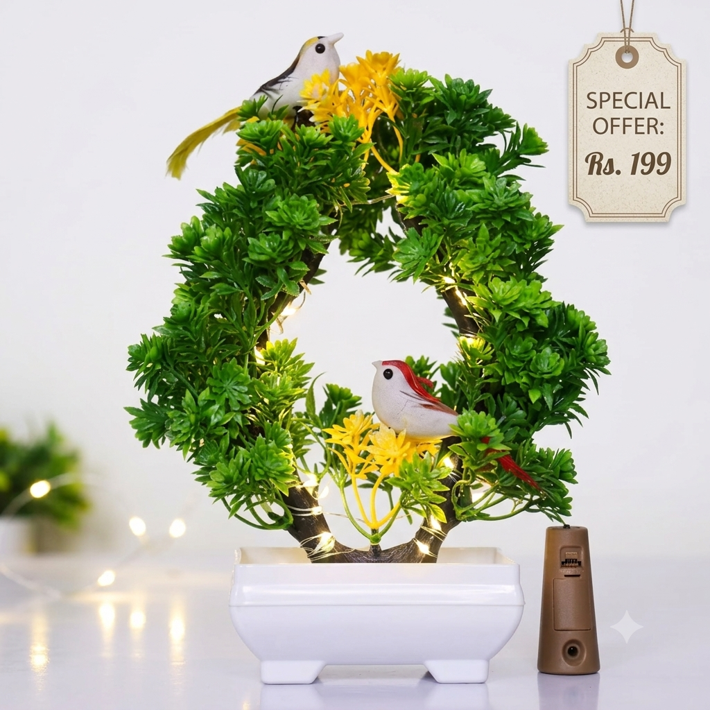 Artificial Bonsai Plant, 2 Sparrow with LED Light| Pot for Office, Room Decor Bonsai Artificial Plant with Pot (23.5 cm Yellow, Green)