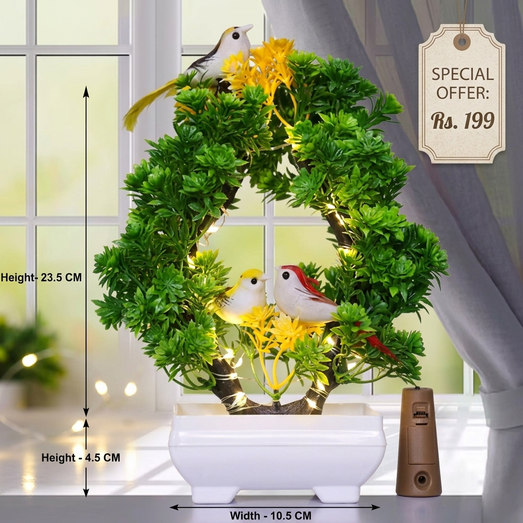 Artificial Bonsai Plant, 2 Sparrow with LED Light| Pot for Office, Room Decor Bonsai Artificial Plant with Pot (23.5 cm Yellow, Green)