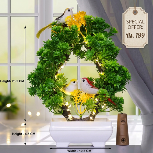 Artificial Bonsai Plant, 2 Sparrow with LED Light| Pot for Office, Room Decor Bonsai Artificial Plant with Pot (23.5 cm Yellow, Green)