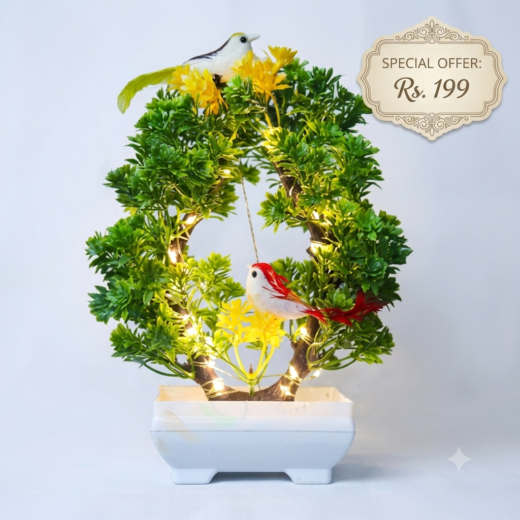 Artificial Bonsai Plant, 2 Sparrow with LED Light| Pot for Office, Room Decor Bonsai Artificial Plant with Pot (23.5 cm Yellow, Green)