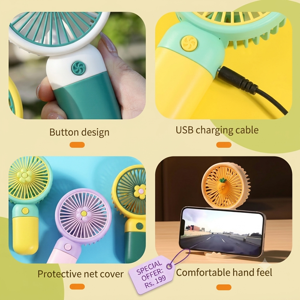 Multicolour Mini Portable Usb Hand Fan or Fan - 3 Speed Modes Handheld Fan for Summer With 1000 mAh Battery| Rechargable Hand fan for Women| Portable
